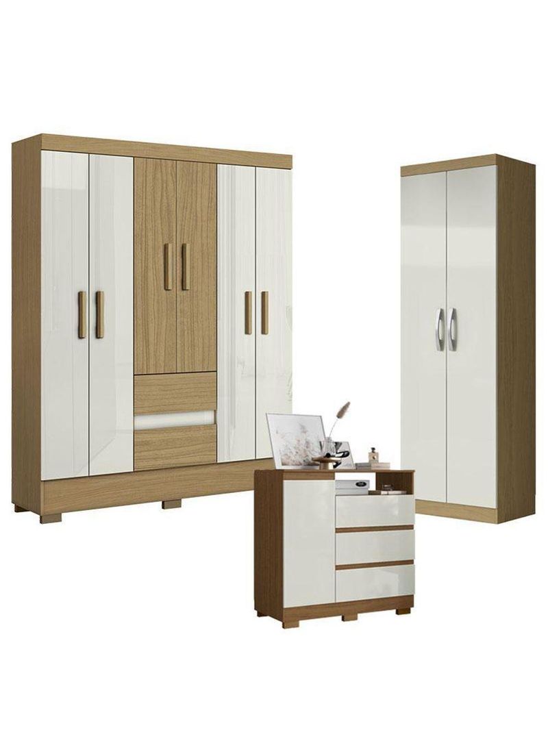 Guarda Roupa Casal Coimbra 2005138 Com Armário Multiuso New 2000192 E Cômoda 2014143 Atacama Off White - Aramóveis