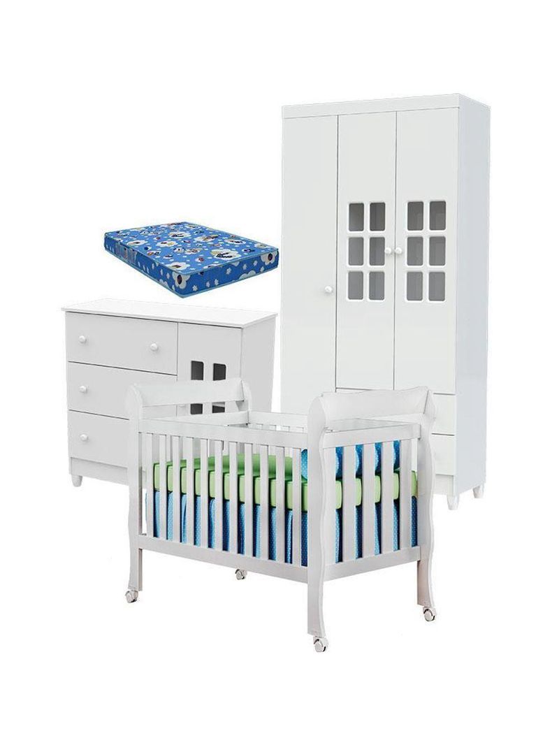 Quarto De Bebê Mariah 3p Com Berço Lila Branco Brilho Com Colchão - Carolina