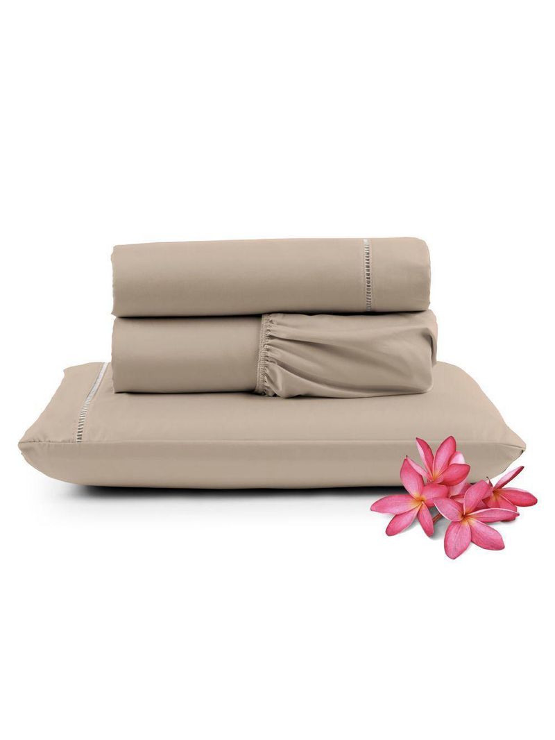 Jogo Cama Lençol Unique Solteiro 400 Fios Ponto Palito 3 Peças - Avelã