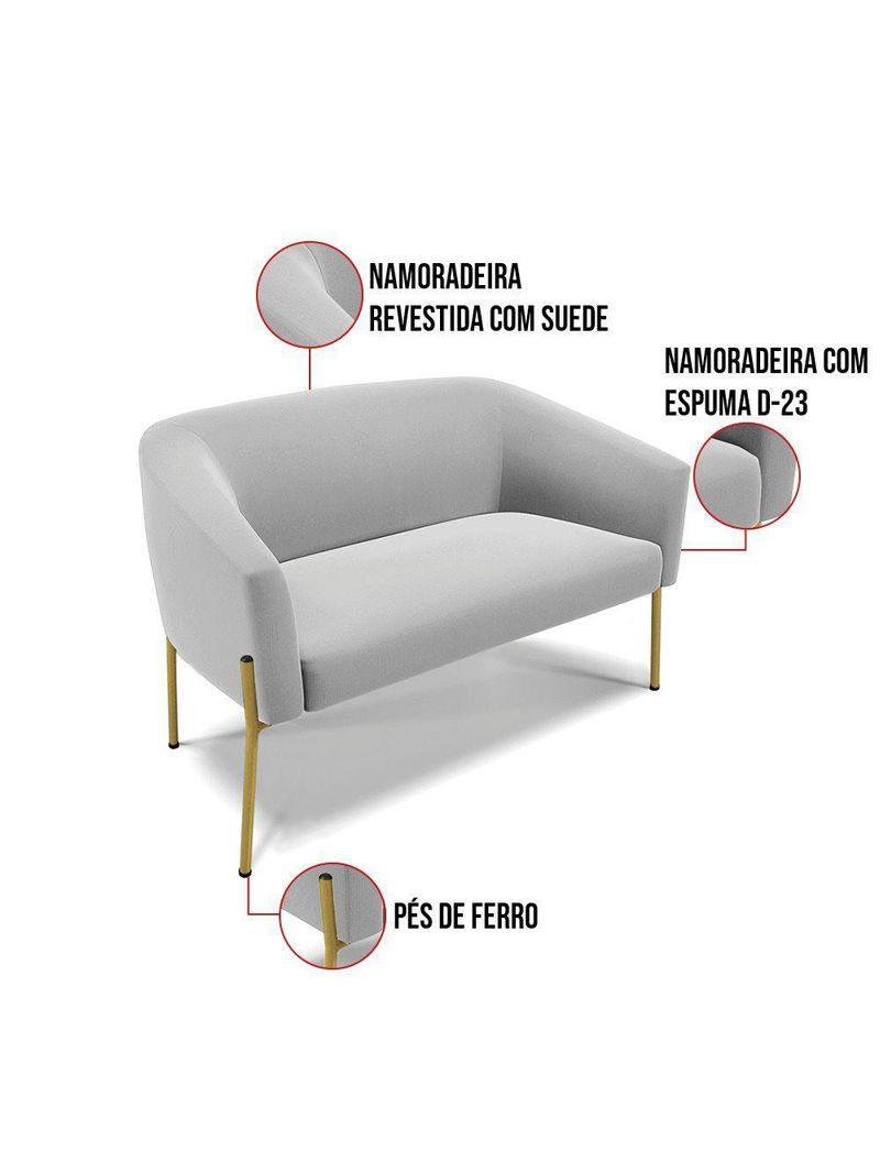 Sofá Namoradeira 2 Lugares Pé De Ferro Dourado Stella Suede Cinza D03 - D'rossi