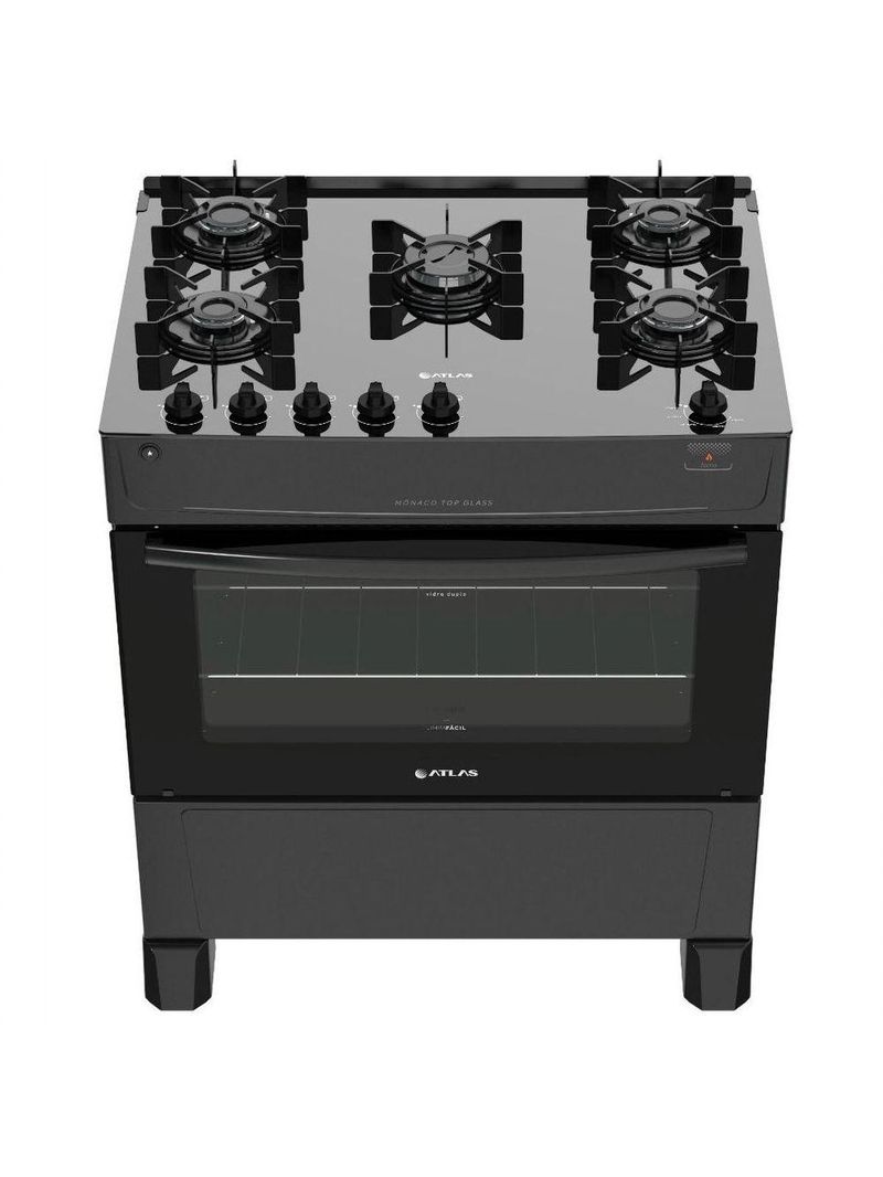 Fogão De Piso Atlas 5 Bocas Top Glass Preto Bivolt