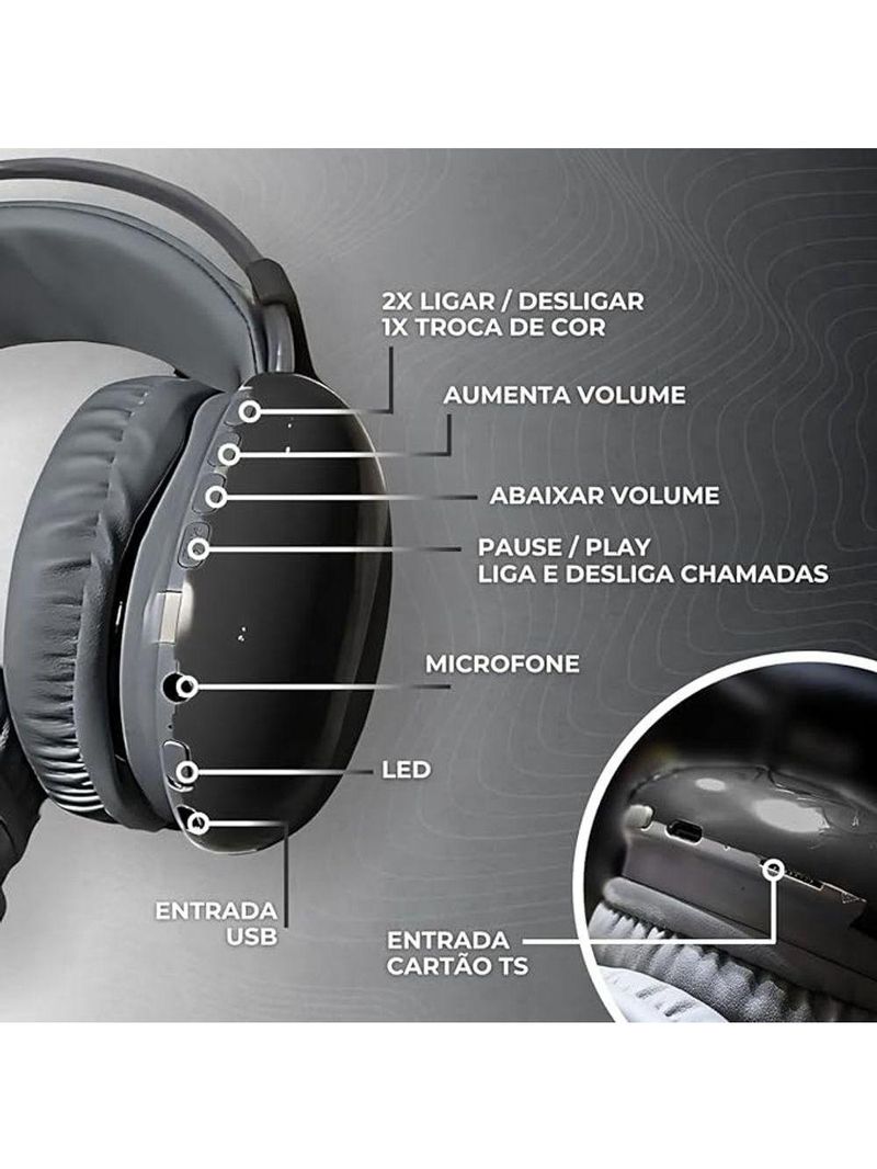 Fone De Ouvido Sem Fio Bluetooth V53 Com Led Preto