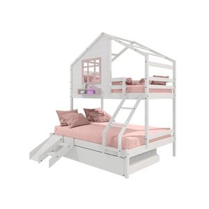 Treliche Casinha Com Janela Casal-Solteiro Com Escada-escorregador Madeira Maciça Branco- Rosa