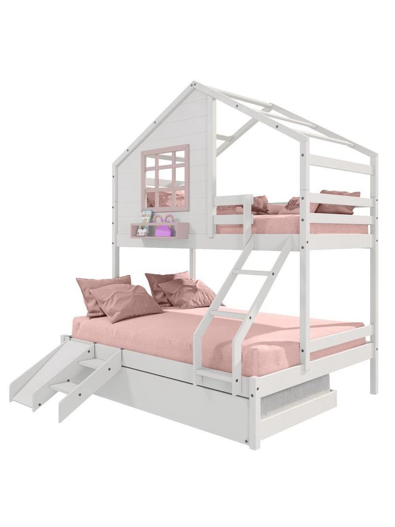 Treliche Casinha Com Janela Casal-Solteiro Com Escada-escorregador Madeira Maciça Branco- Rosa