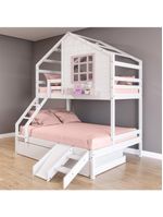 Treliche Casinha Com Janela Casal-Solteiro Com Escada-escorregador Madeira Maciça Branco- Rosa