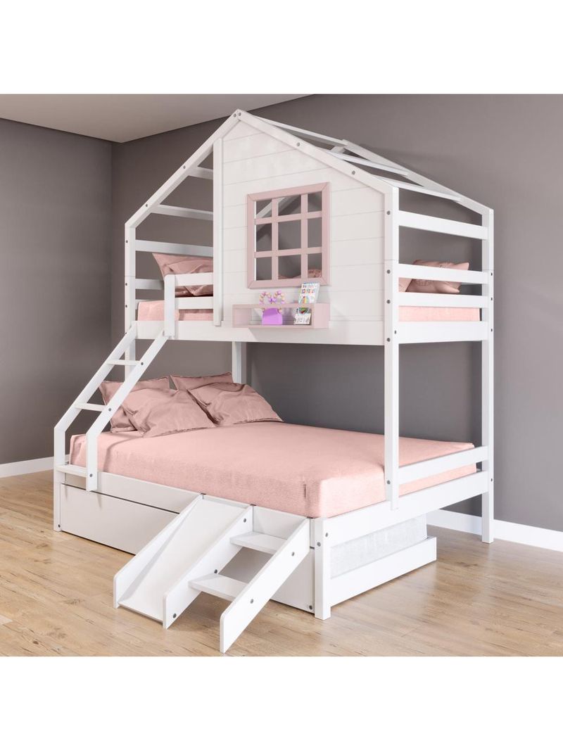 Treliche Casinha Com Janela Casal-Solteiro Com Escada-escorregador Madeira Maciça Branco- Rosa