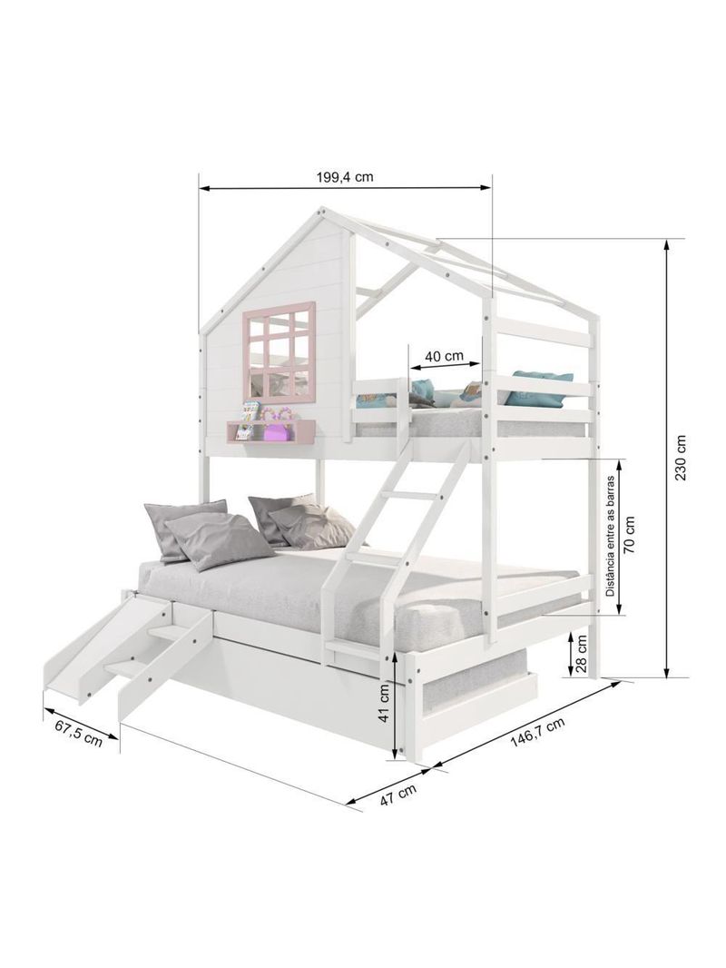Treliche Casinha Com Janela Casal-Solteiro Com Escada-escorregador Madeira Maciça Branco- Rosa
