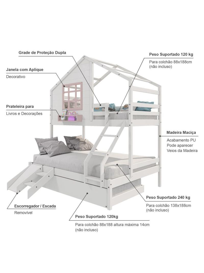 Treliche Casinha Com Janela Casal-Solteiro Com Escada-escorregador Madeira Maciça Branco- Rosa