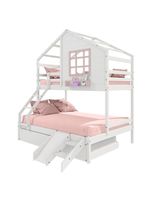 Treliche Casinha Com Janela Casal-Solteiro Com Escada-escorregador Madeira Maciça Branco- Rosa