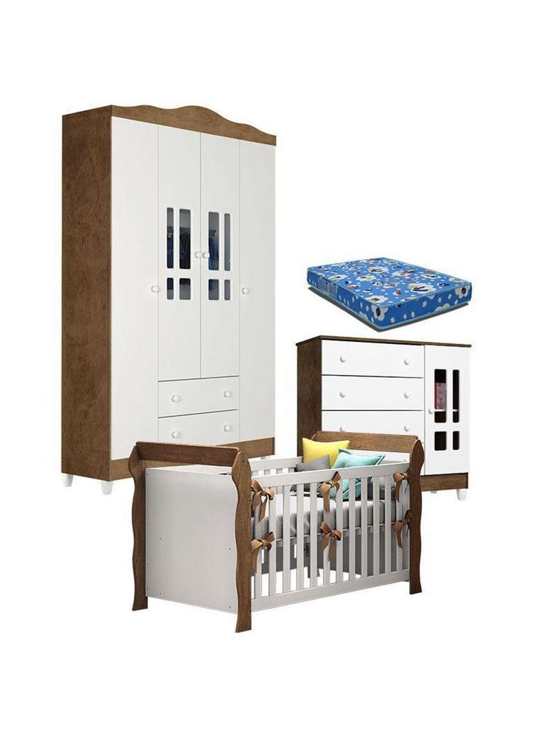 Quarto De Bebê Ariel 4p Berço Lara Branco Acetinado Amadeirado Com Colchão – Carolina