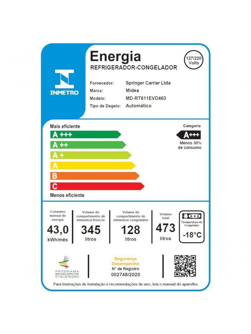 Geladeira Frost Free Inverter Midea MD-RT611EVD463 473L Inox Bivolt