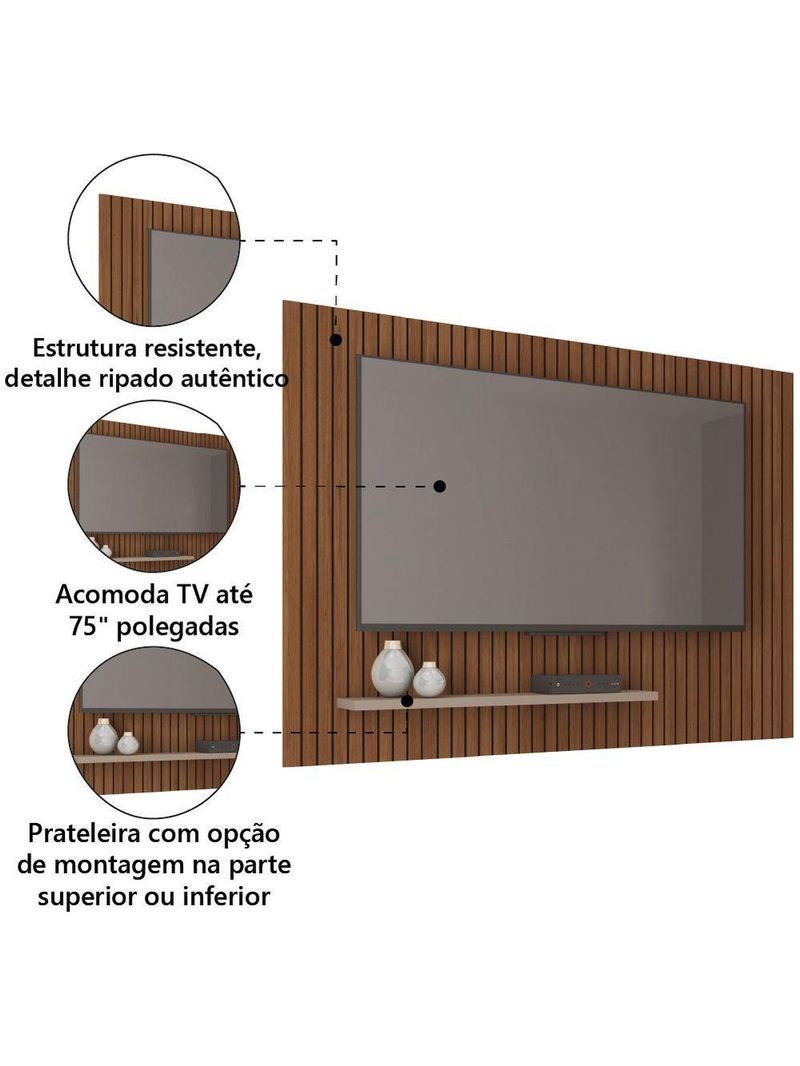 Painel Para Tv Até 75" 1,80m Ripado Com Prateleira França