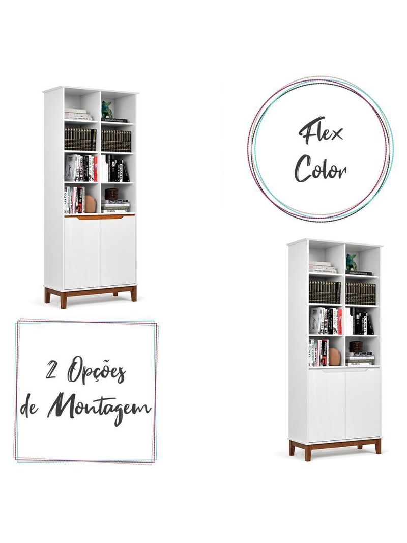 Livreiro Ej Flow 2 Portas 6 Prateleiras Com Pés Madeira Branco