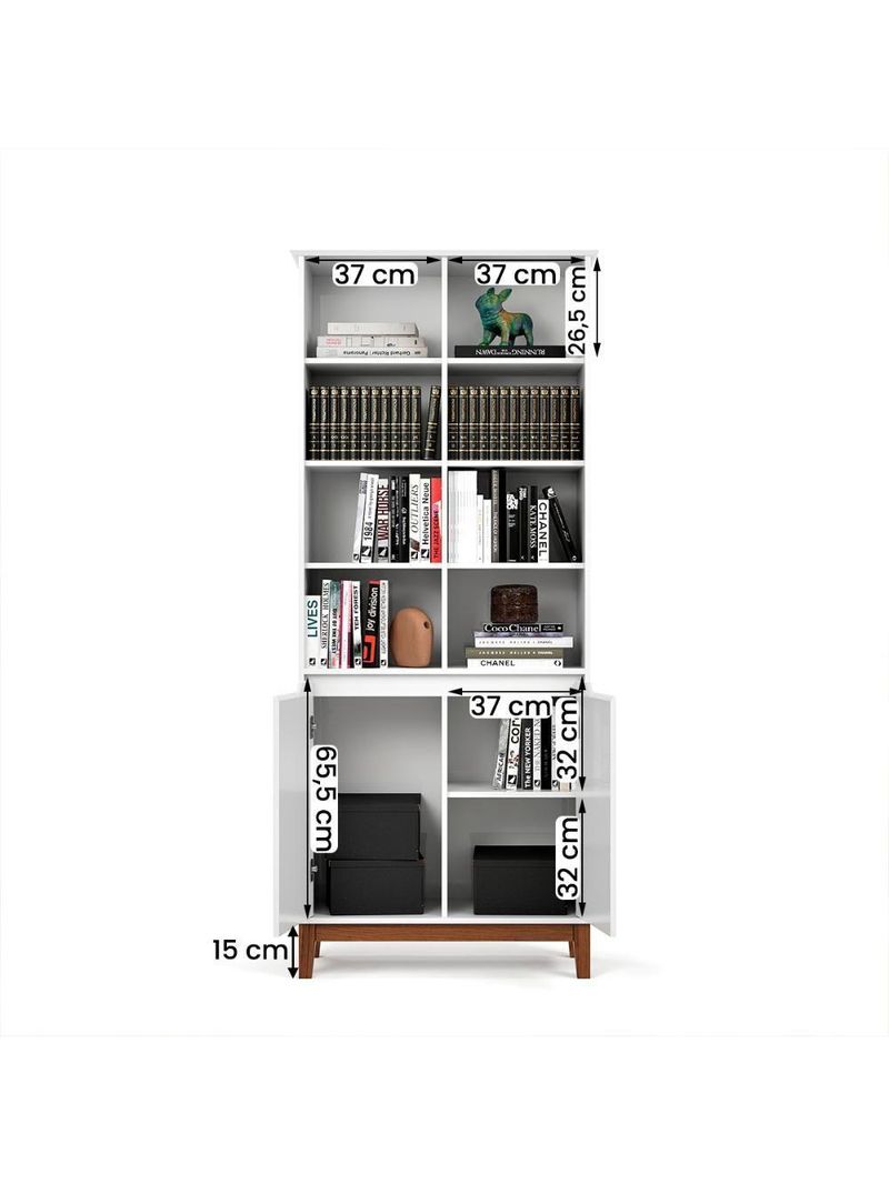 Livreiro Ej Flow 2 Portas 6 Prateleiras Com Pés Madeira Branco