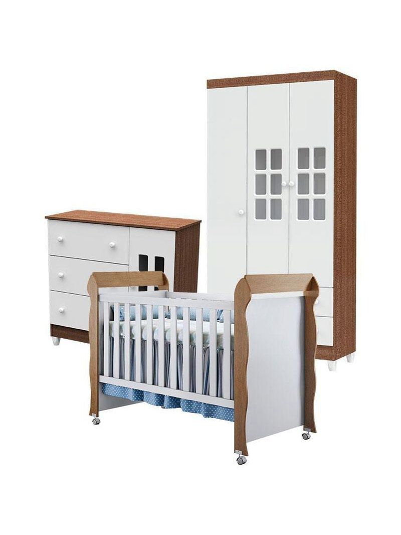 Quarto De Bebê Mariah 3p Com Berço Mirelle Branco Acetinado Amadeirado - Carolina