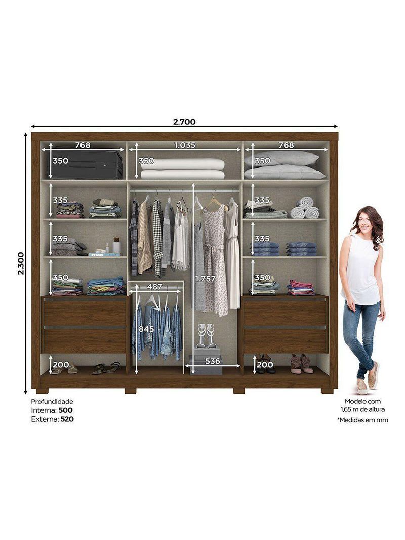 Guarda Roupa Casal Henn 2 Portas de Correr 4 Gavetas Thor Castanho