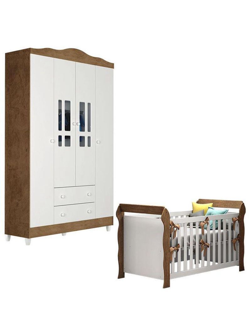 Berço Americano Lara E Guarda Roupa Ariel 4 Portas Branco Acetinado Amadeirado – Carolina