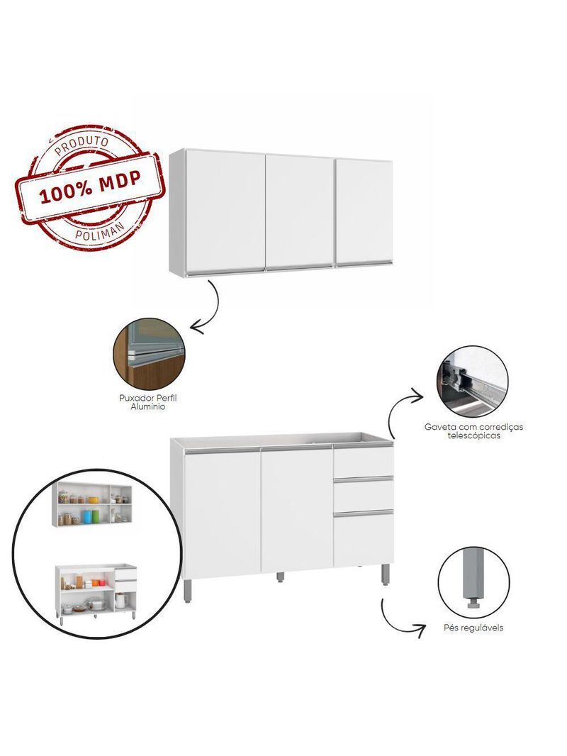Cozinha Compacta Balcão Para Pia/Cuba E Armário Aéreo Triplo Evidence Poliman Móveis Branco