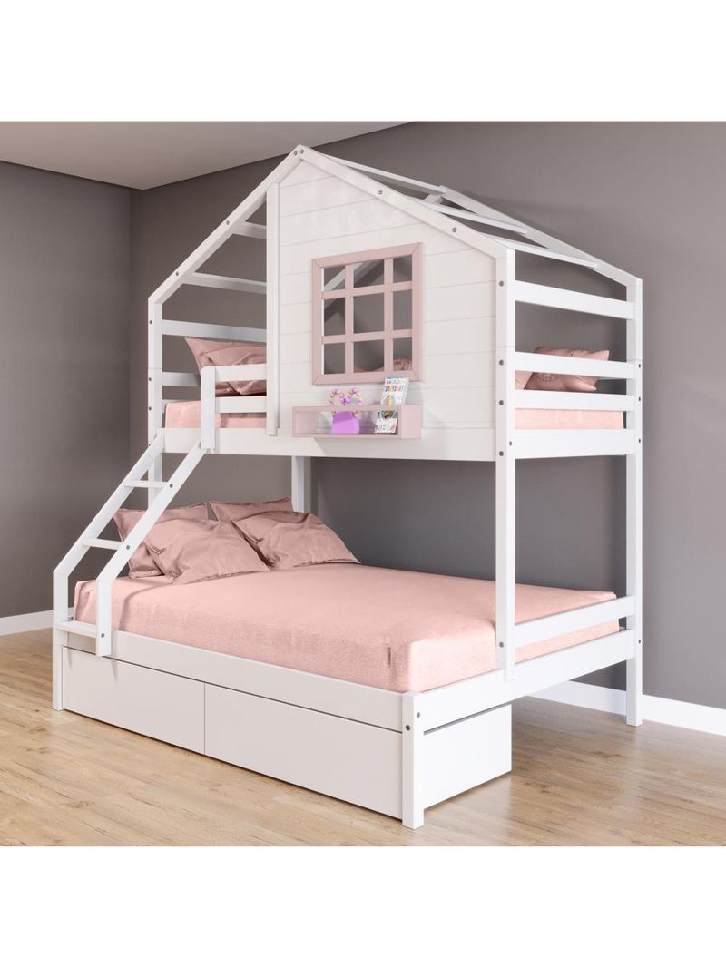 Beliche Casinha Janela Casal Solteiro 2 Gavetas Branco Rosa