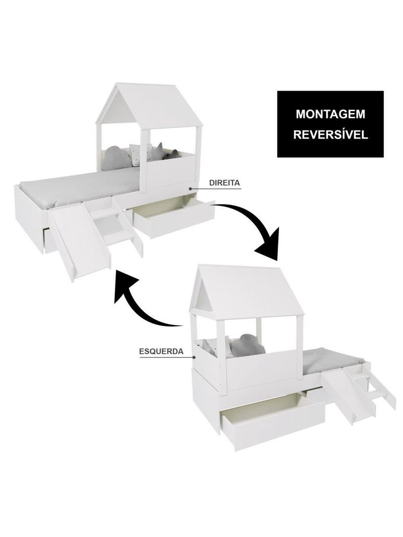 Cama Casinha Com Telhado Mdf 02 Gavetas E Escada/ Escorregador Branco Mobilistore