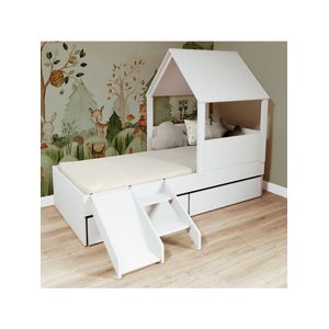 Cama Casinha Com Telhado Mdf 02 Gavetas E Escada/ Escorregador Branco Mobilistore