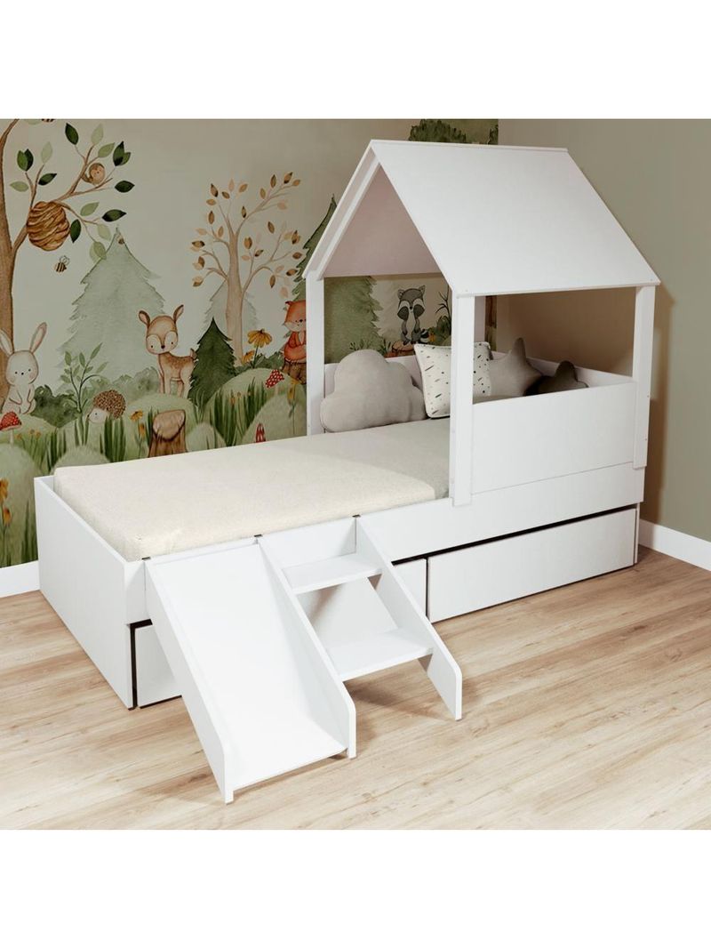 Cama Casinha Com Telhado Mdf 02 Gavetas E Escada/ Escorregador Branco Mobilistore