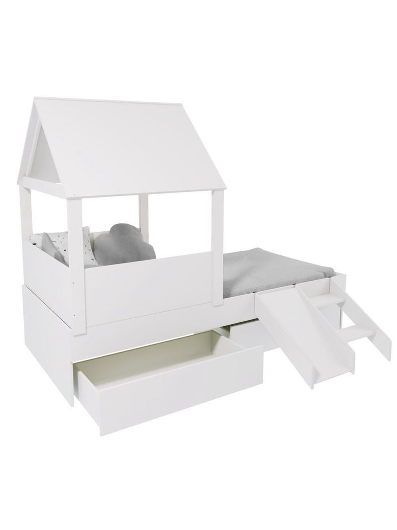 Cama Casinha Com Telhado Mdf 02 Gavetas E Escada/ Escorregador Branco Mobilistore
