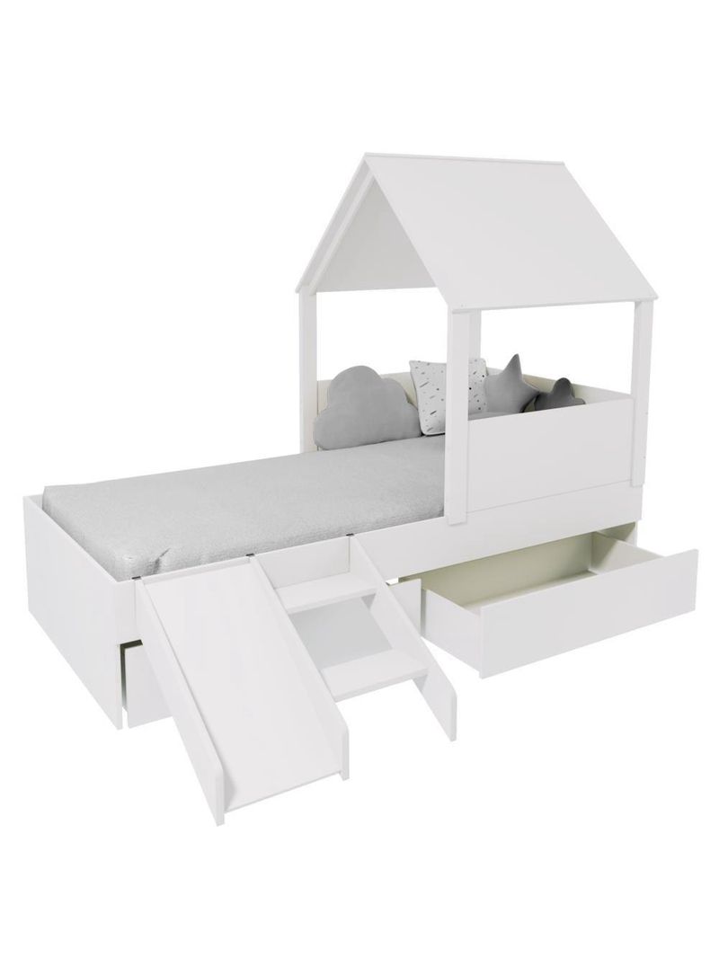 Cama Casinha Com Telhado Mdf 02 Gavetas E Escada/ Escorregador Branco Mobilistore