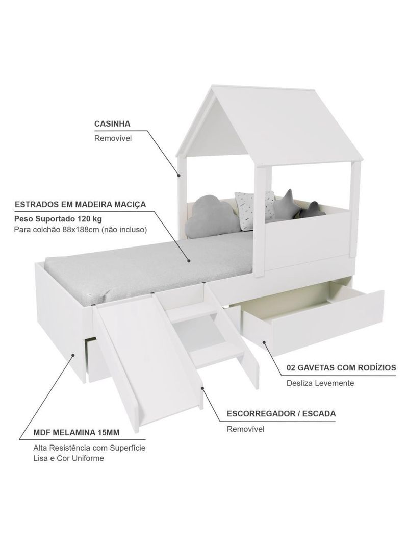 Cama Casinha Com Telhado Mdf 02 Gavetas E Escada/ Escorregador Branco Mobilistore