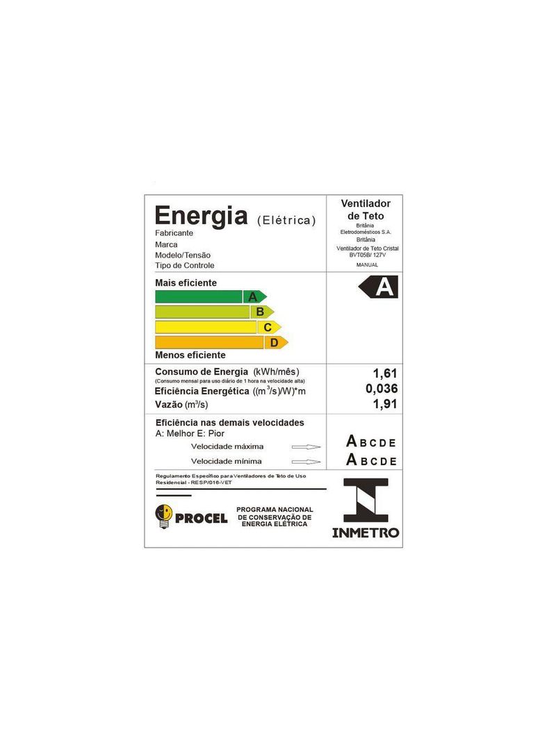 Ventilador De Teto Britânia Silencioso 131W Cristal BVT05B 110V