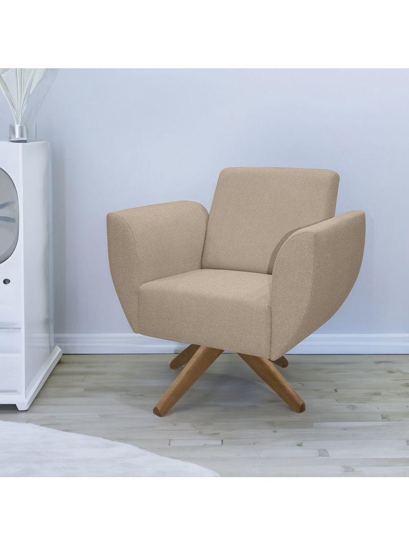 Poltrona Jolly Decorativa Com Base Madeira Em Tecido Boucle Areia