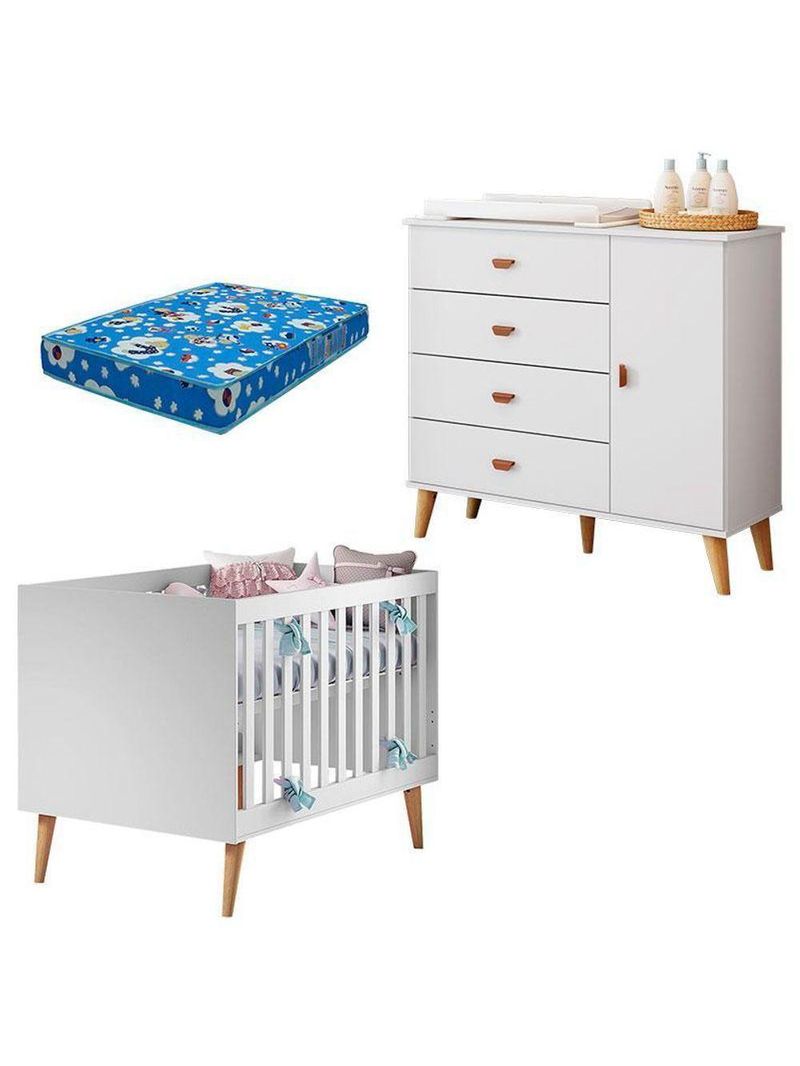 Berço Americano Ludmila Com Cômoda Infantil Duda Branco Acetinado Bétula E Colchão Ortobom - Carolina