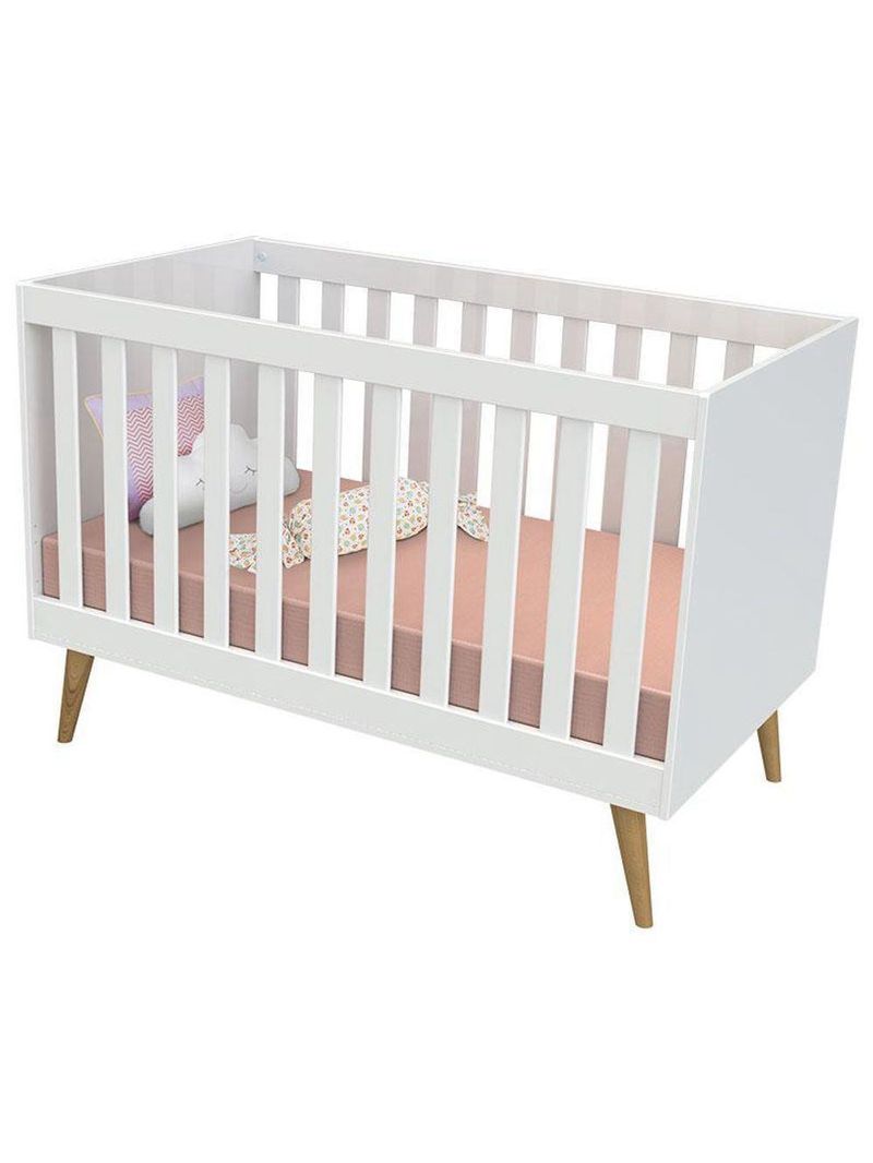 Berço Americano Ludmila Com Cômoda Infantil Duda Branco Acetinado Bétula E Colchão Ortobom - Carolina