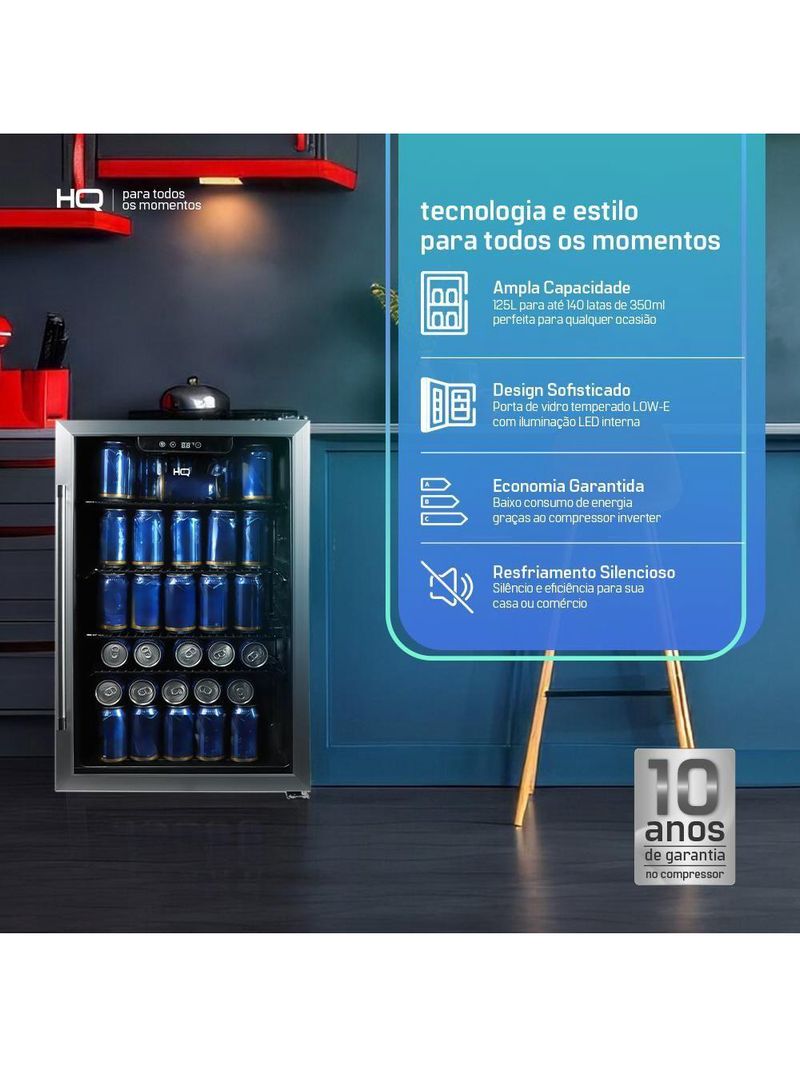 Cervejeira Expositor Vertical HQ Vidro Duplo 125 Litros Preta E Inox HQ-125CEVPV 110V