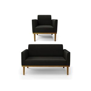 Sofá Namoradeira Com Poltrona Base De Madeira Fixa Castanho Marisa Suede Preto D03