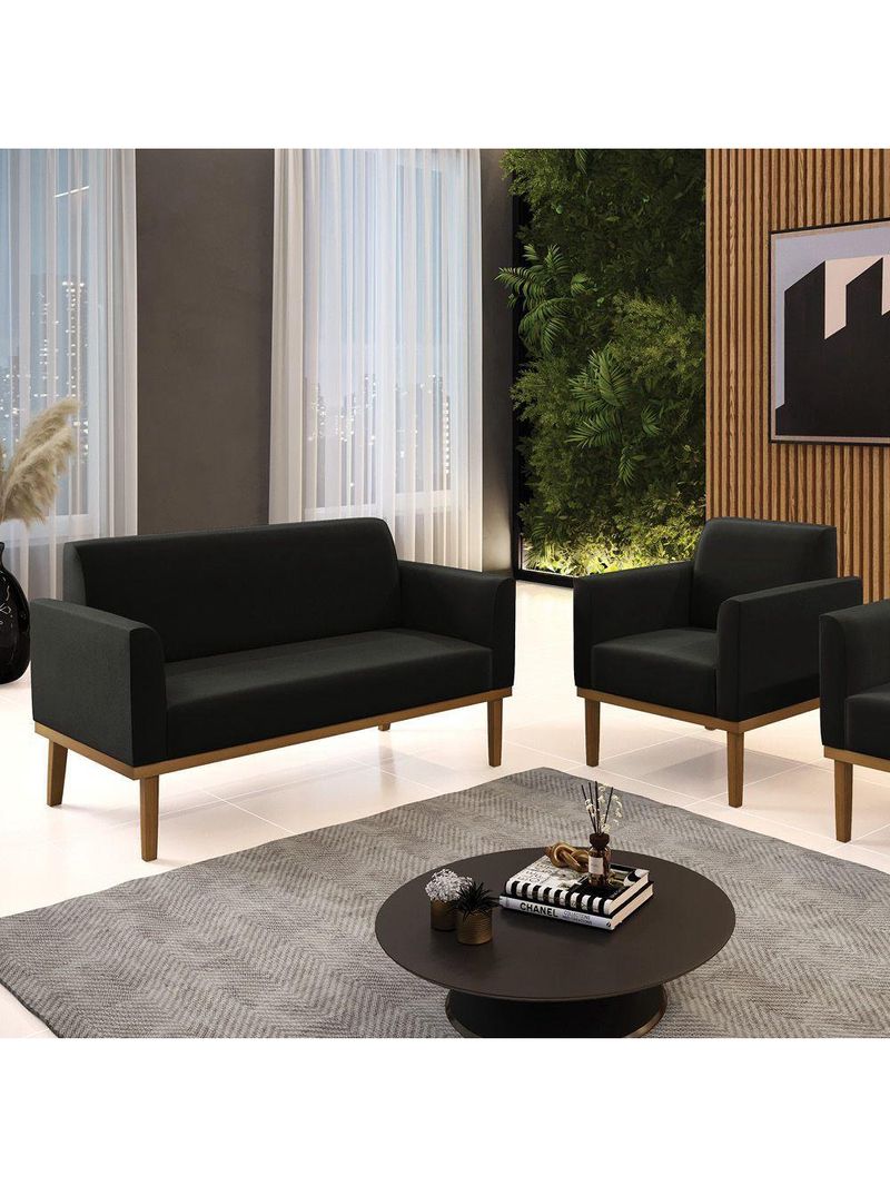 Sofá Namoradeira Com Poltrona Base De Madeira Fixa Castanho Marisa Suede Preto D03 - D?rossi