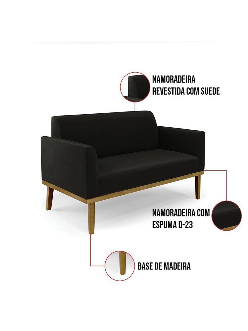 Sofá Namoradeira Com Poltrona Base De Madeira Fixa Castanho Marisa Suede Preto D03 - D?rossi