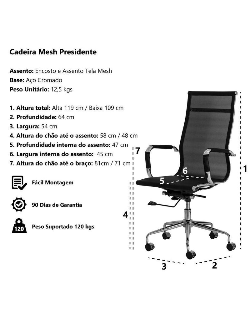 Kit 2 Cadeiras Escritório Mesh Presidente Preta Base Giratória Cromada Altura Ajustável