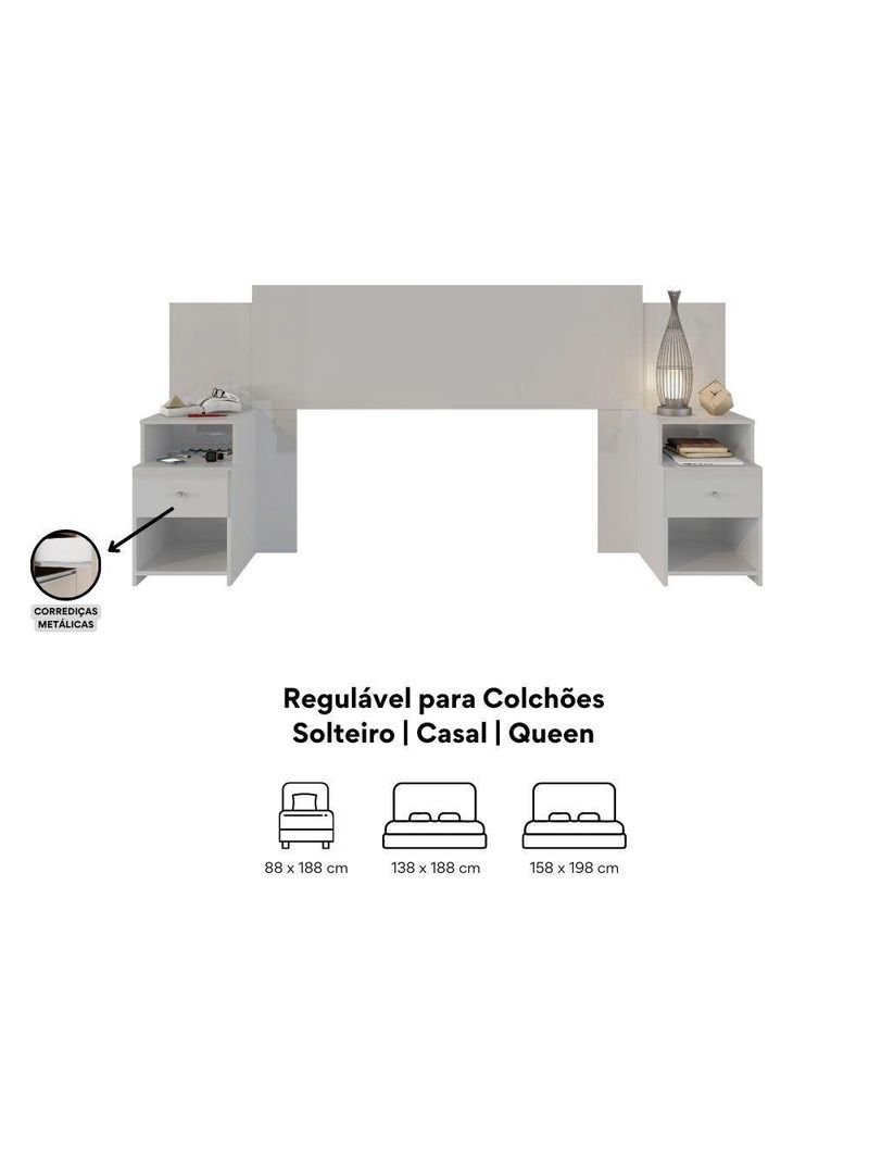 Cabeceira Extensível Cama Solteiro, Casal e Queen com Mesa de Cabeceira Maceió - Poliman Móveis - Branco
