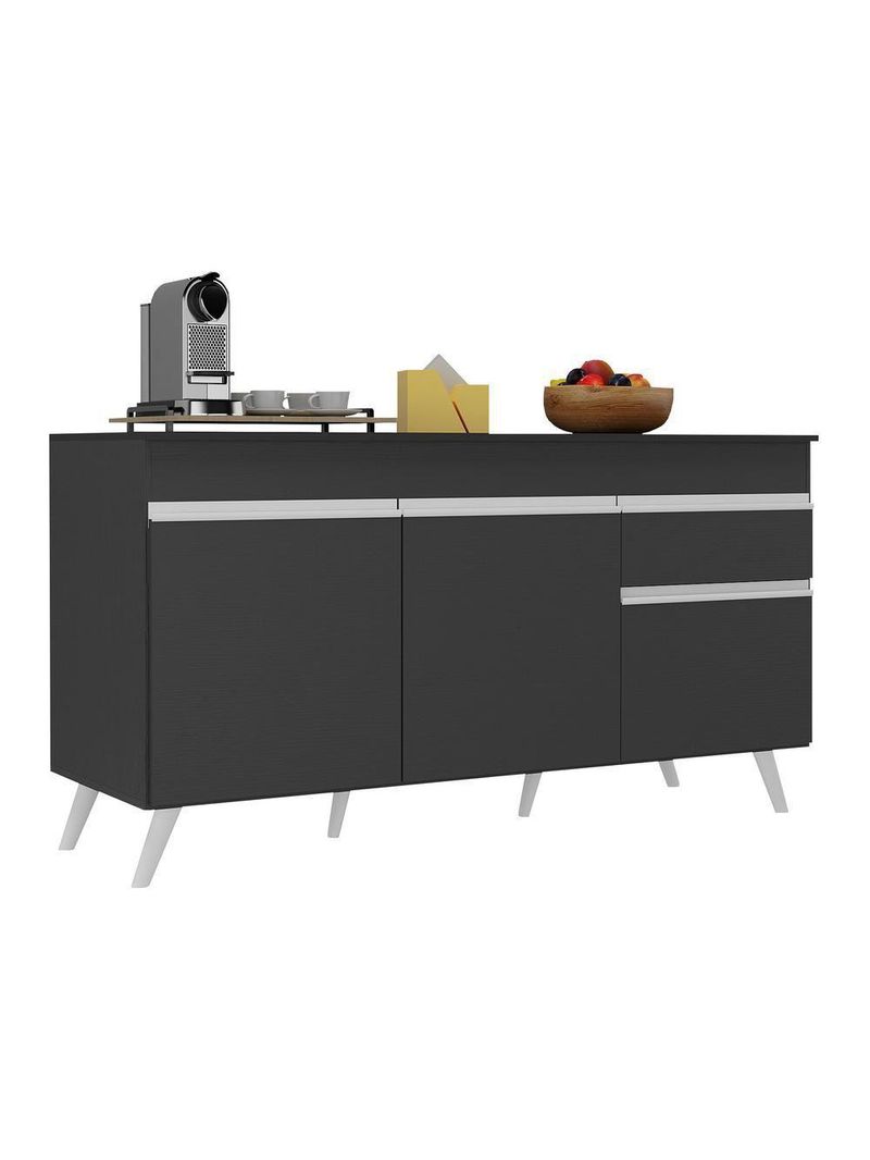 Balcão Cozinha Gabinete Pia 150Cm 3 Portas Preto/Branco
