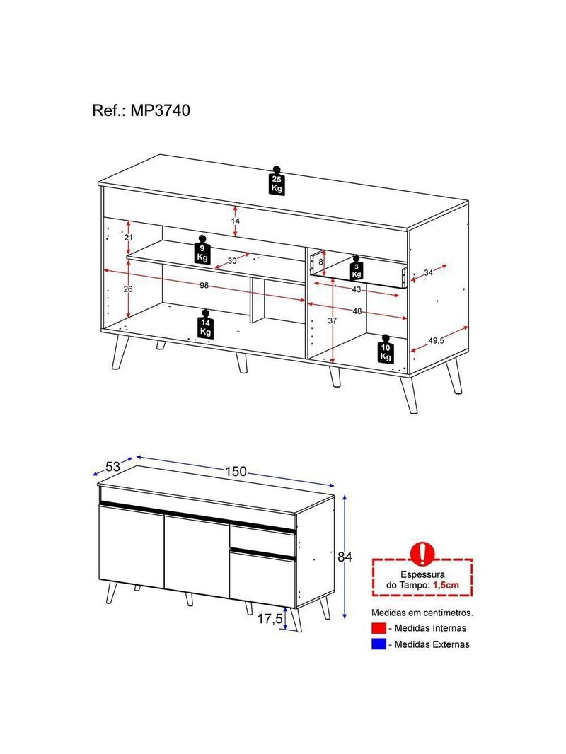 Balcão Cozinha Gabinete Pia 150Cm 3 Portas Preto/Branco