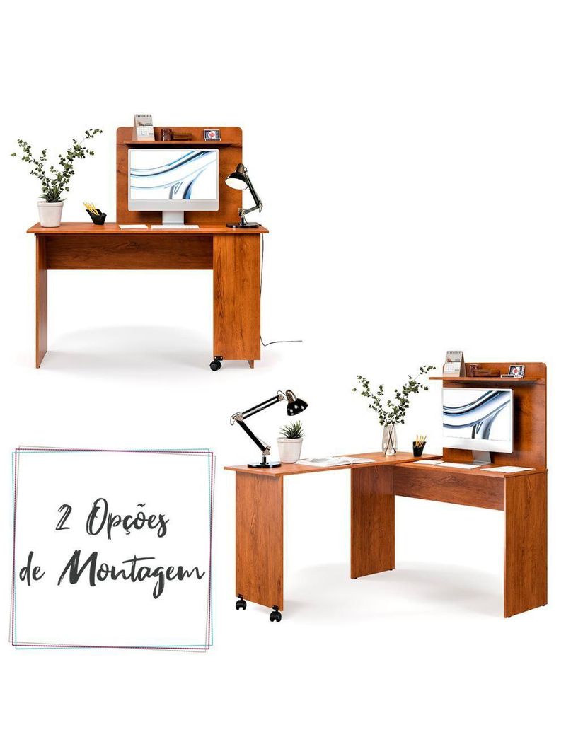 Escrivaninha Em L 2 Em 1 Com Rodízios E Prateleira Freijo