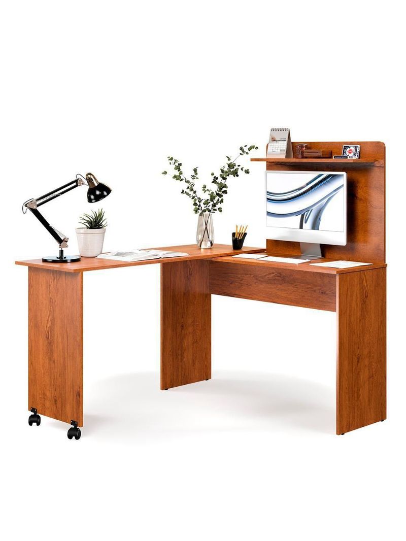 Escrivaninha Em L 2 Em 1 Com Rodízios E Prateleira Freijo