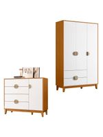 Kit Guarda Roupa Ipê com Cômoda Ipê com Pés Madeira Maciça Cinamomo/Branco