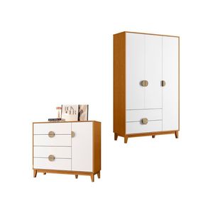 Kit Guarda Roupa Ipê com Cômoda Ipê com Pés Madeira Maciça Cinamomo/Branco