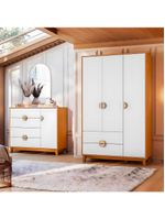 Kit Guarda Roupa Ipê com Cômoda Ipê com Pés Madeira Maciça Cinamomo/Branco