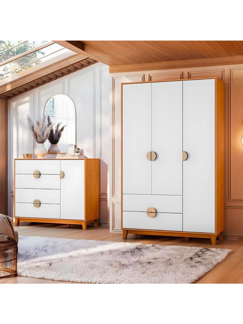 Kit Guarda Roupa Ipê com Cômoda Ipê com Pés Madeira Maciça Cinamomo/Branco