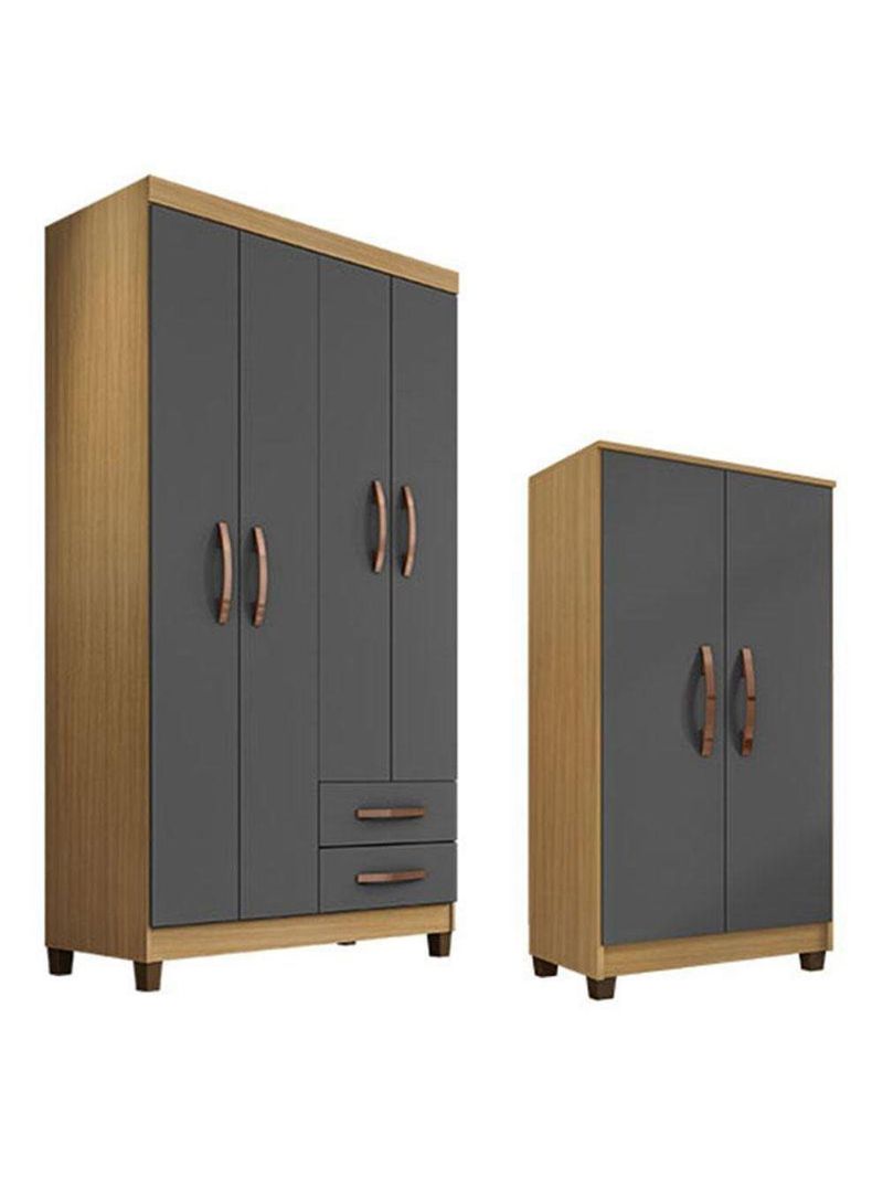 Guarda Roupa Solteiro Modena Com 4 Portas E Armário Multiuso Recife Carvalho Americano Grafite – Incorplac