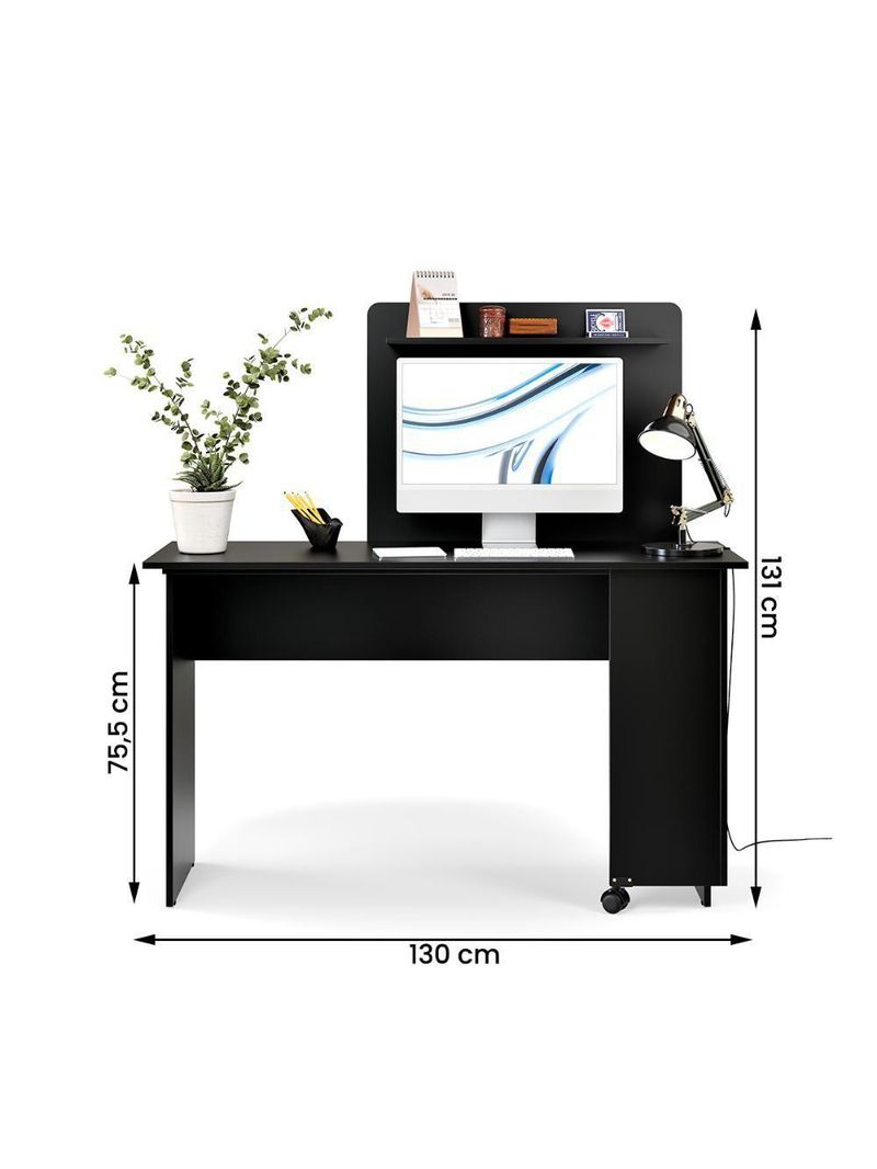 Escrivaninha Em L 2 Em 1 Com Rodízios E Prateleira Preto