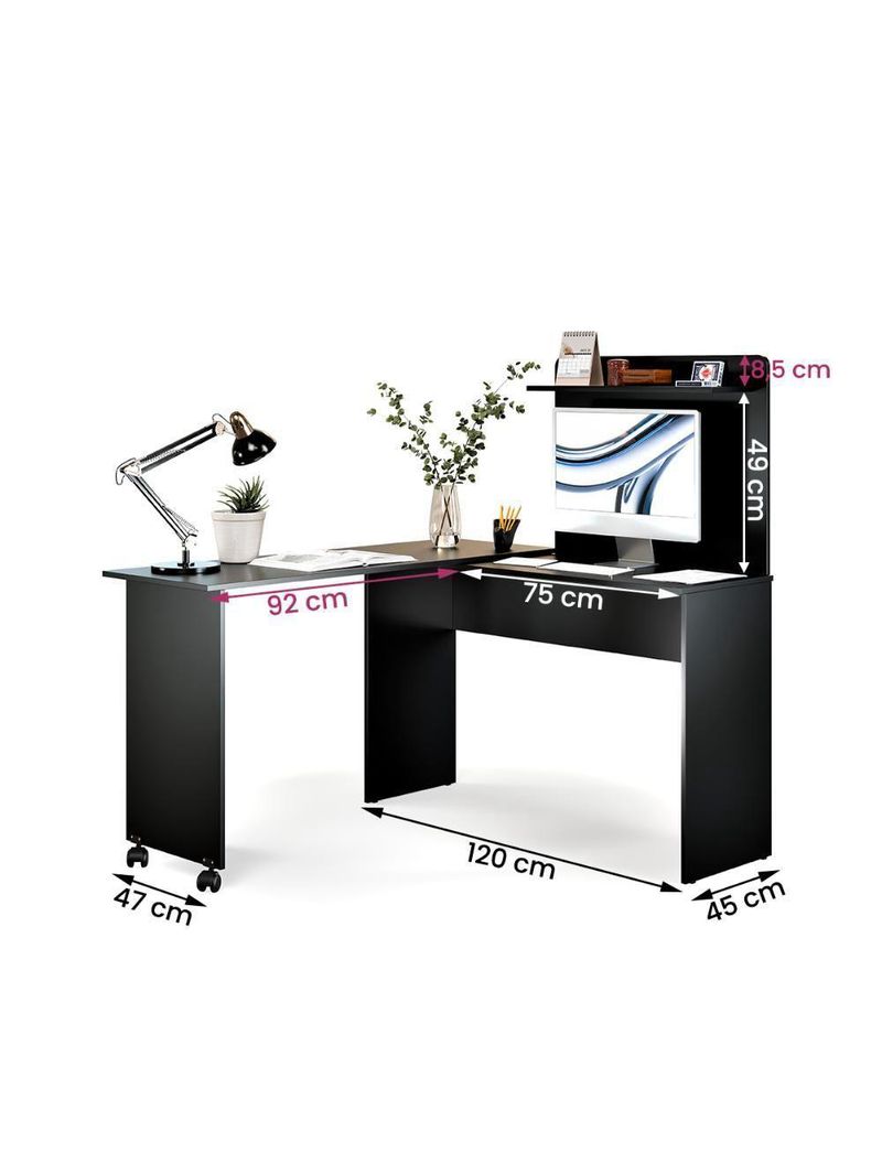 Escrivaninha Em L 2 Em 1 Com Rodízios E Prateleira Preto